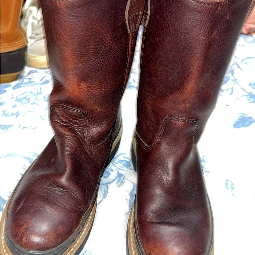 Georgia Boot Brown Leather Pull-On Work Boots with Green Lining
